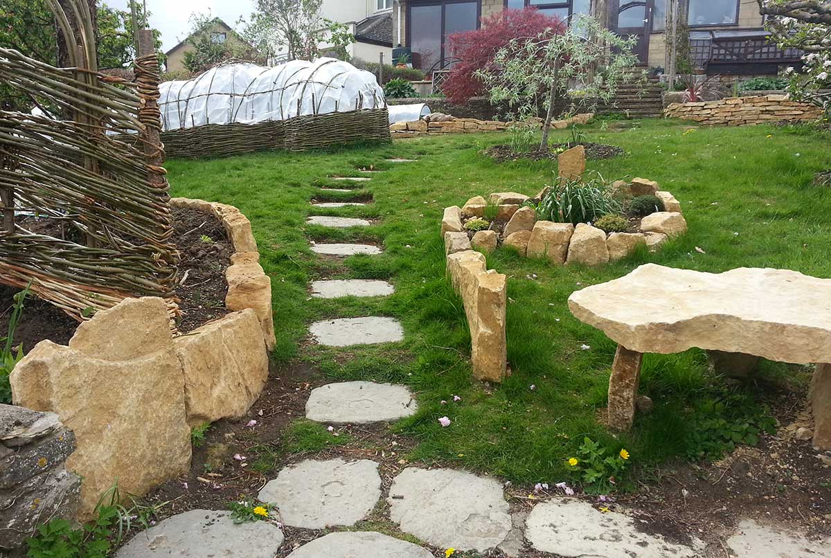 Willow poly-pod and cotswold stone wall - Ayurvedic Permaculture Garden Design, Finstock, Oxfordshire - Gaiaveda Gardens